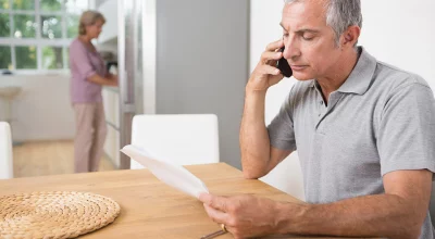 elderly man sitting at a table on the phone holding a piece of paper